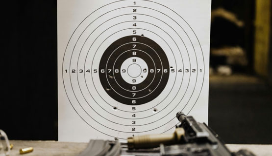 Indoor shooting range target and firearm
